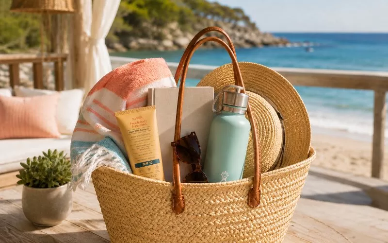 Woven beach tote packed with sunscreen, sunglasses, towel, hat, journal, and water bottle on a sunny coastal deck.