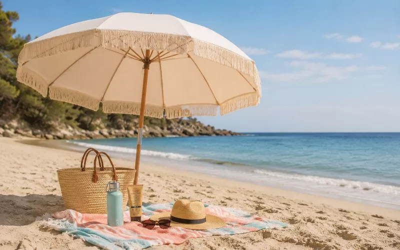 Cream beach umbrella with towel, straw tote, sunscreen, sunglasses, hat, and water bottle arranged on the sand near the ocean.