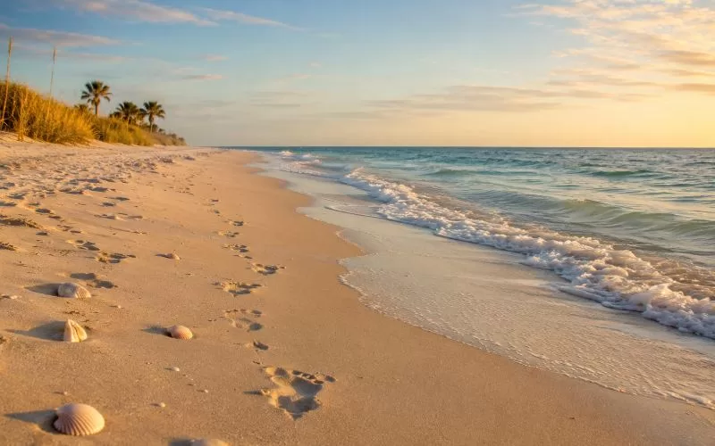 Peaceful Florida shoreline with footprints in the sand, seashells near the waterline, soft waves, and warm golden light.