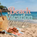 Beach vacation essentials arranged on the sand with colorful title text reading Beach Vacation Packing Tips.