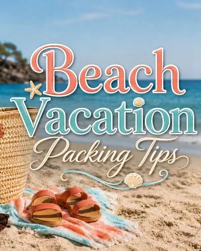 Beach vacation essentials arranged on the sand with colorful title text reading Beach Vacation Packing Tips.