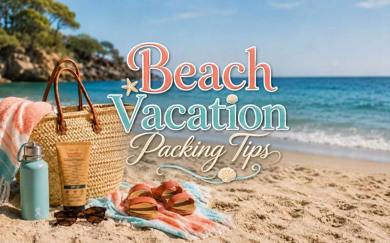 Beach vacation essentials arranged on the sand with colorful title text reading Beach Vacation Packing Tips.