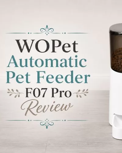 WOPet Automatic Pet Feeder F07 Pro with decorative review title text on a gray wood floor.