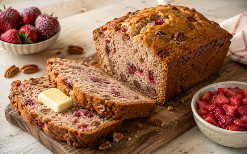 Old fashioned strawberry bread sliced on a wooden board with butter, pecans, and strawberries.