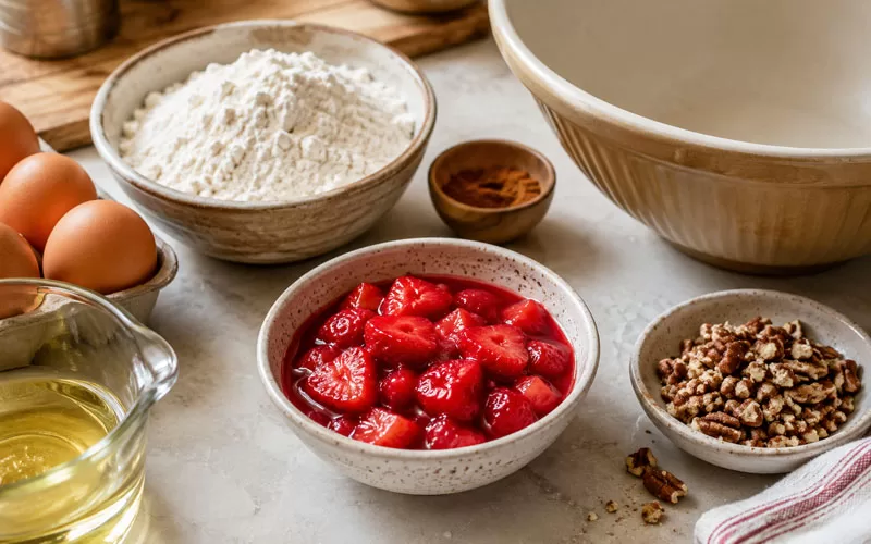 Thawed strawberries in juice with flour, cinnamon, eggs, oil, pecans, and a mixing bowl.