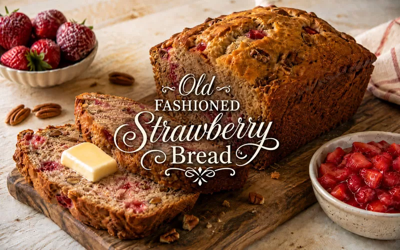 Old fashioned strawberry bread with decorative title text over sliced homemade bread and strawberries.