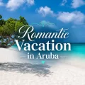 Aruba beach with turquoise water, white sand, fofoti tree, and romantic vacation title text.