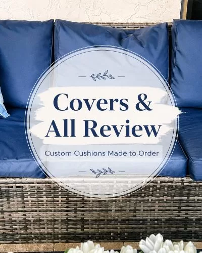 Covers & All review featured image showing custom navy blue patio cushion covers on an outdoor wicker sofa with centered title graphic.