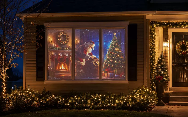 Holiday window projection glowing in the front window of a decorated home at night