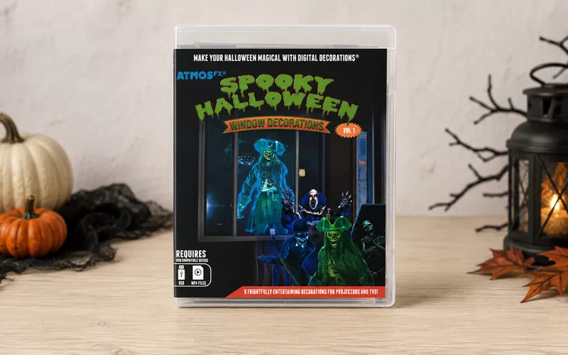 AtmosFX Spooky Halloween window decorations product displayed with Halloween decor