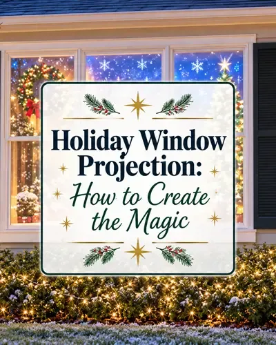 Holiday window projection display on a decorated home at night