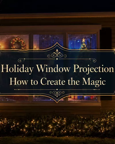 Holiday window projection display on a decorated home at night