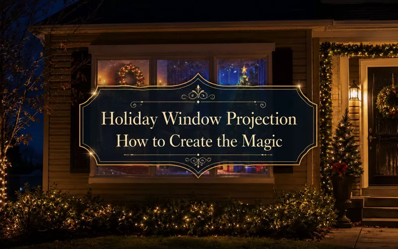Holiday window projection display on a decorated home at night