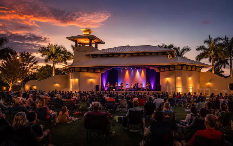 Outdoor concert at the Wellington Amphitheater in Florida with live music, palm trees, sunset sky, and audience seated on the lawn