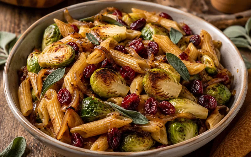 Penne pasta with Brussels sprouts, dried cranberries, caramelized onions, and fresh sage in a shallow bowl.