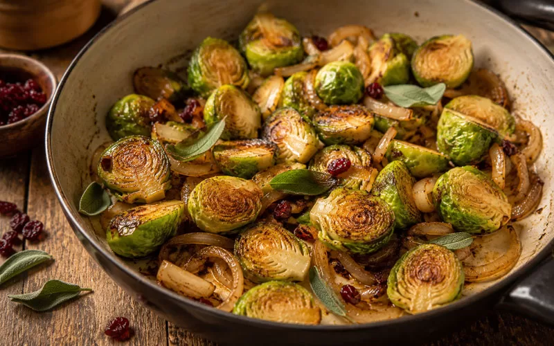 Halved Brussels sprouts browning in a skillet with caramelized onions, dried cranberries, and fresh sage.