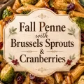 Fall penne pasta with Brussels sprouts, dried cranberries, caramelized onions, and a centered title graphic
