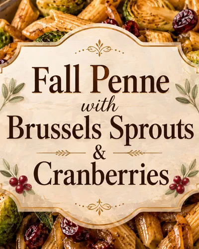 Fall penne pasta with Brussels sprouts, dried cranberries, caramelized onions, and a centered title graphic