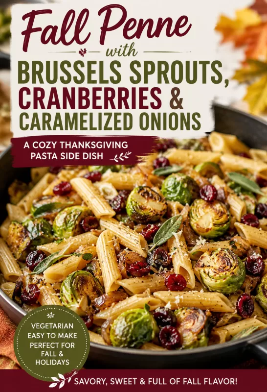 Fall penne pasta with Brussels sprouts, cranberries, caramelized onions, sage, and promotional recipe text.