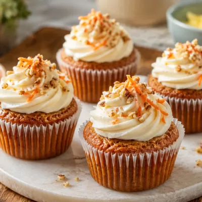 Carrot cake cupcakes topped with cream cheese frosting, shredded carrots, and chopped nuts on a marble serving board.