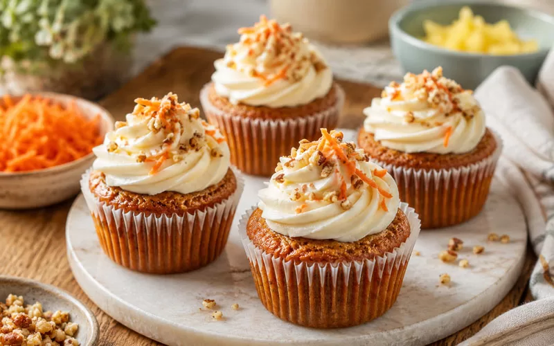 Carrot cake cupcakes topped with cream cheese frosting, shredded carrots, and chopped nuts on a marble serving board.