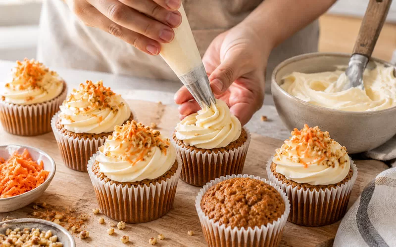 Hands piping cream cheese frosting onto carrot cake cupcakes with shredded carrots, chopped nuts, and frosting nearby.