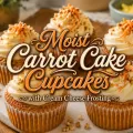 Carrot cake cupcakes topped with cream cheese frosting, shredded carrots, and chopped nuts.