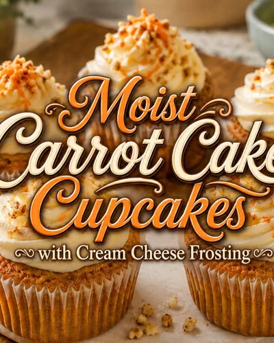 Carrot cake cupcakes topped with cream cheese frosting, shredded carrots, and chopped nuts.
