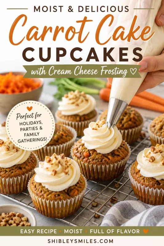 Carrot cake cupcakes with cream cheese frosting on a cooling rack while one cupcake is being frosted.