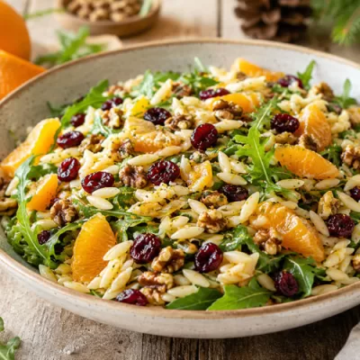 Cranberry orange orzo salad with toasted walnuts, dried cranberries, orange segments, and arugula in a serving bowl