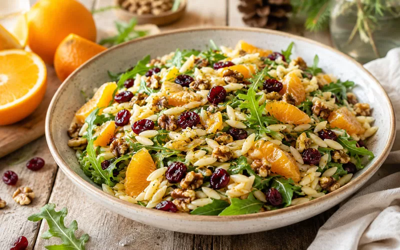 Cranberry orange orzo salad with toasted walnuts, dried cranberries, orange segments, and arugula in a serving bowl