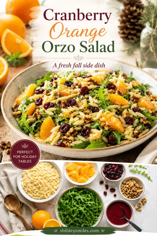 Cranberry orange orzo salad with orzo, arugula, dried cranberries, orange segments, walnuts, and cranberry dressing