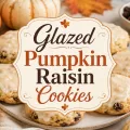 Featured image for glazed pumpkin raisin cookies with icing, pumpkins, raisins, cinnamon sticks, and fall leaves.