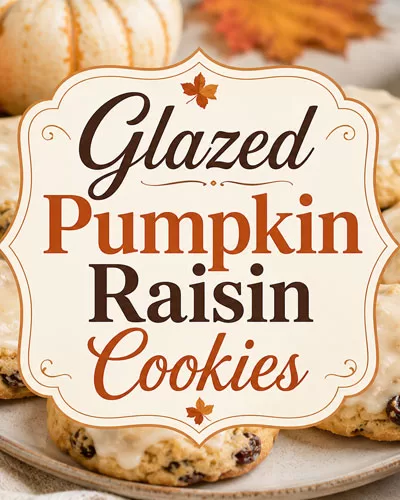 Featured image for glazed pumpkin raisin cookies with icing, pumpkins, raisins, cinnamon sticks, and fall leaves.
