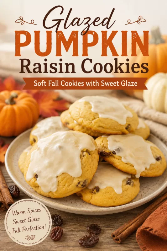 Pinterest image for glazed pumpkin raisin cookies with sweet glaze, raisins, cinnamon sticks, pumpkins, and fall decorations.