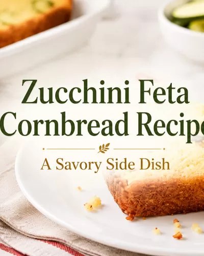 Zucchini feta cornbread recipe featured image with a slice of savory cornbread and centered title text.
