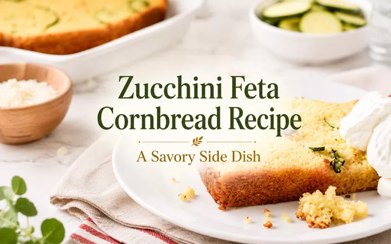 Zucchini feta cornbread recipe featured image with a slice of savory cornbread and centered title text.