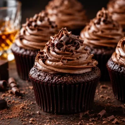 Boozy bourbon chocolate cupcakes with rich chocolate frosting and chocolate curls styled beside bourbon and chocolate chunks on a dark rustic surface.