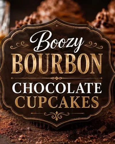 Boozy bourbon chocolate cupcakes with chocolate frosting, chocolate shavings, bourbon, and a centered recipe title graphic.