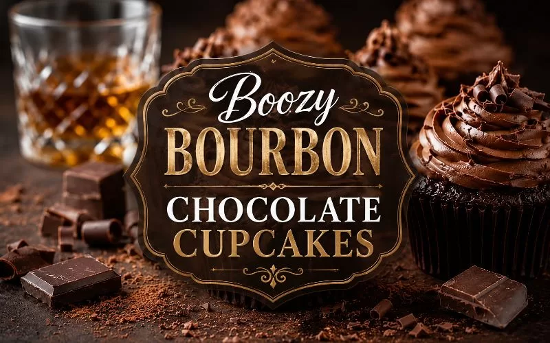 Boozy bourbon chocolate cupcakes with chocolate frosting, chocolate shavings, bourbon, and a centered recipe title graphic.