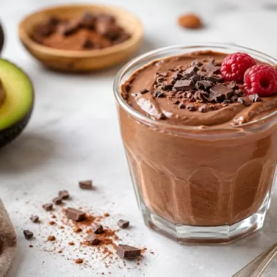 Creamy chocolate avocado mousse topped with raspberries and chocolate shavings beside fresh avocado and cacao ingredients.