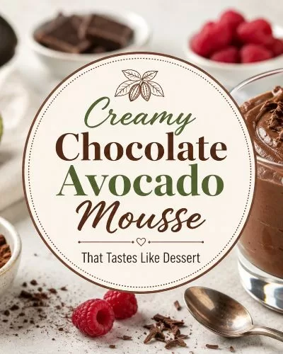 Featured image for creamy chocolate avocado mousse showing a chocolate mousse dessert with raspberries, avocado, cocoa powder, and a centered title graphic.