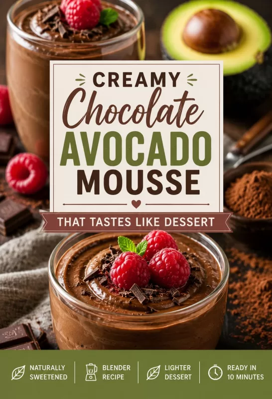 Pinterest image for creamy chocolate avocado mousse featuring rich chocolate mousse in glass cups, fresh raspberries, avocado, cocoa powder, and text highlighting this easy lighter dessert.