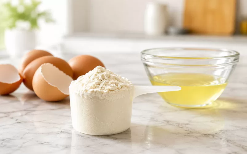 Scoop of protein powder beside whole eggs, cracked eggshells, and a bowl of egg whites on a bright kitchen counter.