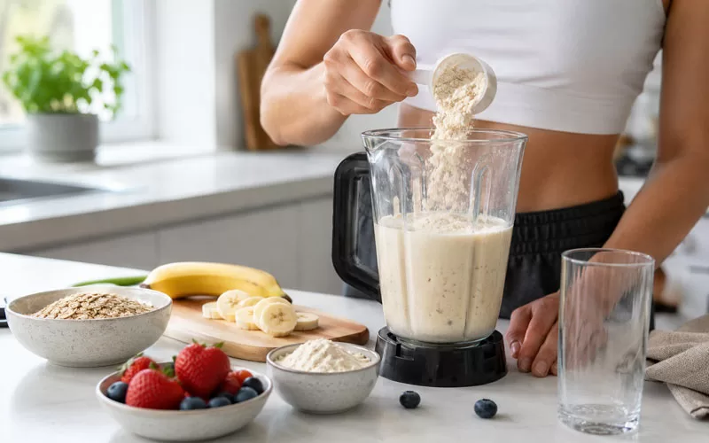 Person adding protein powder to a blender with smoothie ingredients, oats, bananas, strawberries, and blueberries nearby.