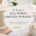 Protein shake, eggs, egg whites, and protein powder arranged with a decorative title graphic for egg white protein powder.