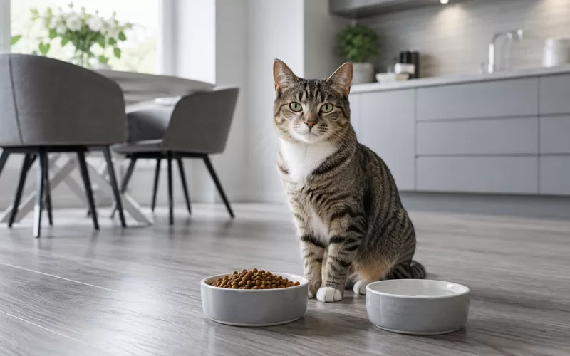 Tabby cat sitting beside food and water bowls in a modern gray kitchen.