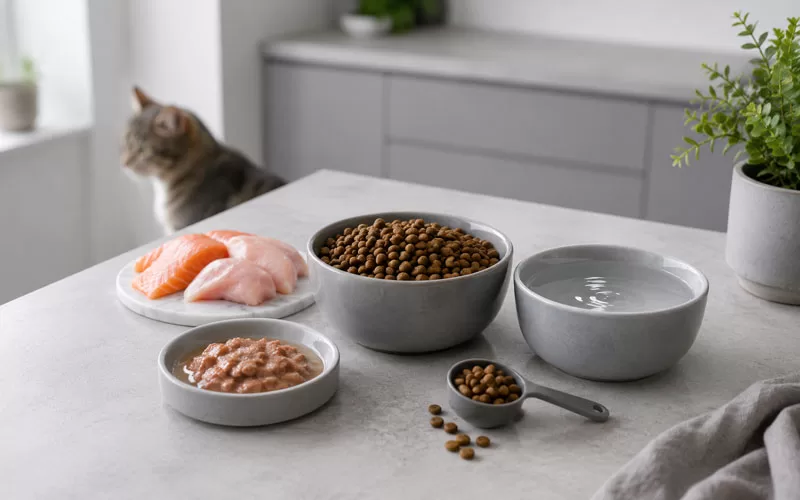 Cat food bowls with kibble, wet food, water, and meat-based ingredients on a gray kitchen counter.