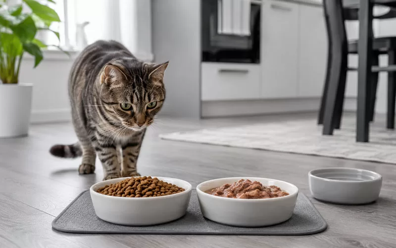 Tabby cat looking at bowls of dry cat food, wet cat food, and water in a modern gray kitchen.