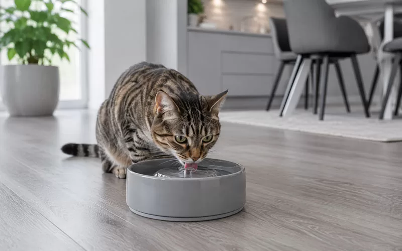 Tabby cat drinking from a gray water fountain in a modern home.